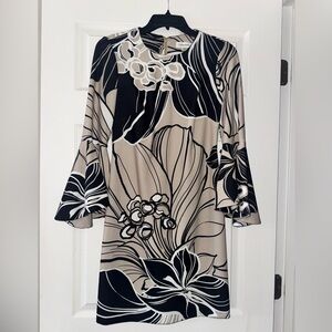 Calvin Klein Black and Cream Floral Long Sleeve Dress